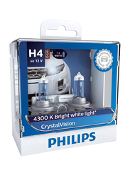 فيليبس H4 كريستال فيجن مجموعة مصابيح أمامية بيضاء ساطعة ، 60 / 55W ، 12 فولت ، زوج واحد