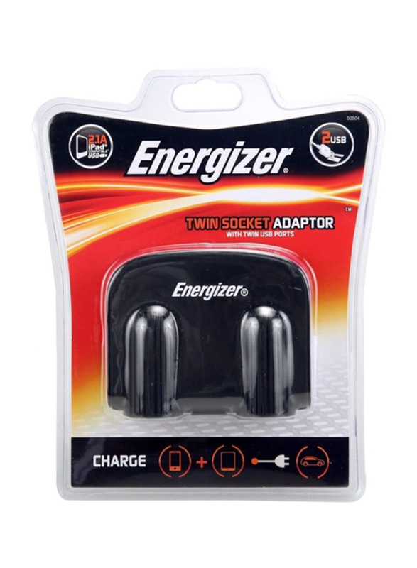 Energizer Twin 12V Socket Adapter with Twin USB, Black