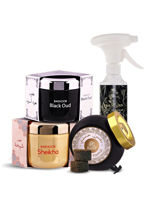 Luxurious Arabic Home Fragrance Gift Set with Air Freshener Hajar Al Aswad 350ml, Bakhoor Black Oud 70g, Bakhoor Sheikha 70g & 55g Mamoul Hamidi Incense Assorted , Multicolour