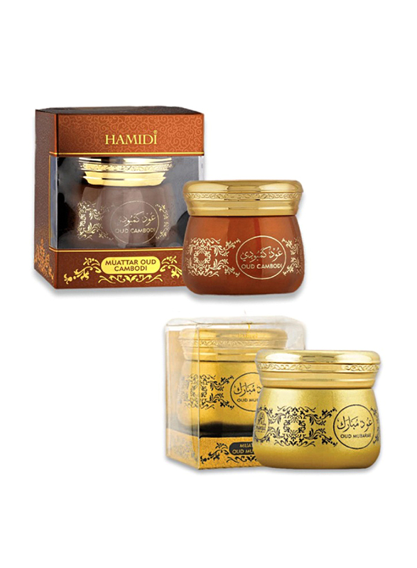2 x 40g Luxury Oriental Oud Muattar Fragrance Gift Set with Oud Muattar Combodi & Oud Muattar Mubarak, Brown/Gold