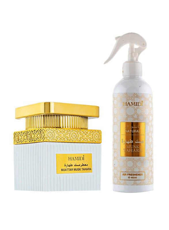 

Hamidi Luxurious Natural Musk Tahara Home Fragrance Set with Air Freshener 480ml & Bakhoor Muattar 50g, White/Gold