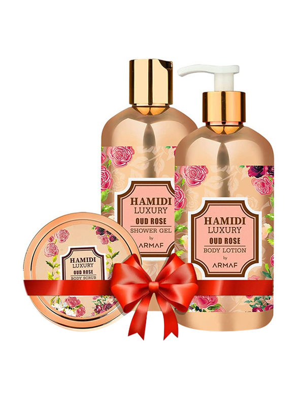 Hamidi Luxury Oud Rose Gift Set, Oud Rose Body Scrub 250ml + Oud Rose Body Lotion 500ml + Oud Rose Shower Gel 500ml, 3-Pieces