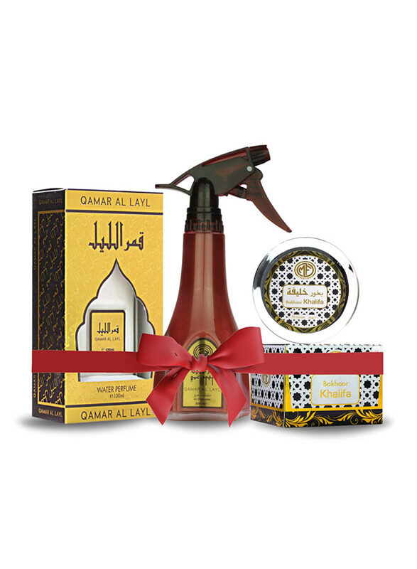 

MF Creations Qamar Al Layl Air Freshener 300ml + Qamar Al Layl Water Perfume 100ml + Bakhoor Khalifa 70gm Bundle, 3-Piece, Multicolour