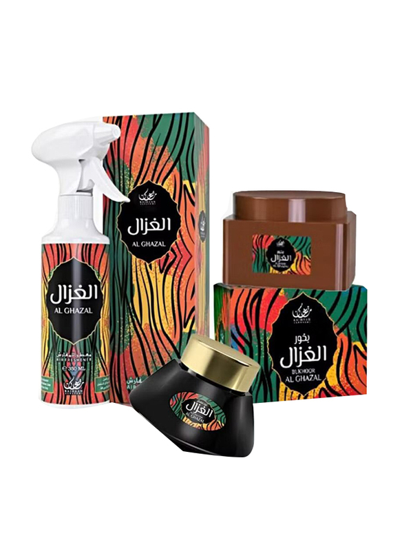 Raihaan Alfatemi 3-Piece Al Ghazal Ultimate Bundle Offer Set, 350ml Air Freshener + 70g Bakhoor + 25g Oud Muattar