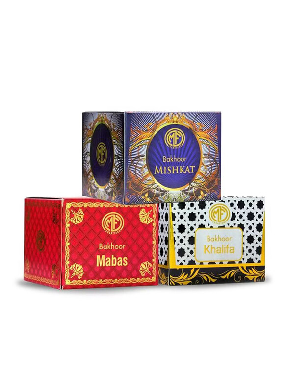 

MFCreations Exclusive Gift Set, 70g Bakhoor Mishkat + 70g Bakhoor Mabas + 70g Bakhoor Khalifa, Multicolour