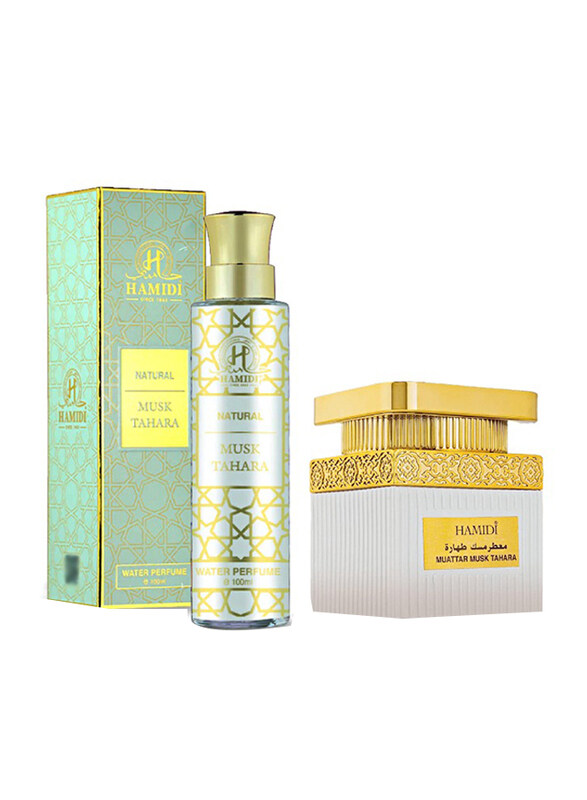 

Hamidi 2-Piece Luxurious Natural Musk Tahara Arabic Fragrance Gift Set Unisex, 100ml Water Perfume, 50gm Bakhoor Muattar