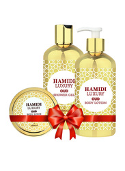 Hamidi Luxury Oud Gift Set, Oud Body Scrub 250ml + Oud Body Lotion 500ml + Oud Shower Gel 500ml, 3-Pieces