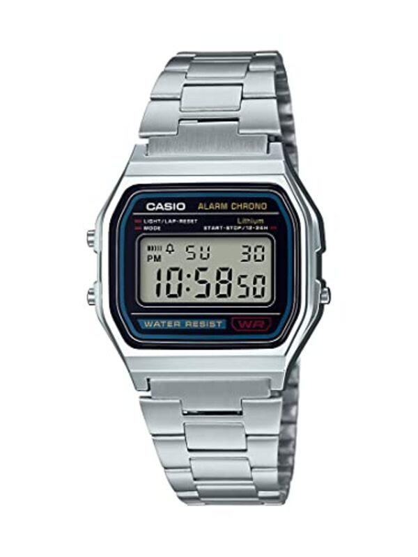 Casio Digital Watch for Men with Resin Band, A158WA-1DF, Silver-Black