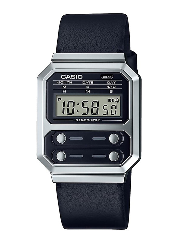

Casio Vintage Collection Digital Watch Unisex with Leather Band, Water Resistant, A100WEL-1AEF, Black-Silver