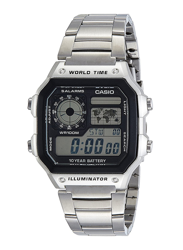 Casio Digital Watch for Men with Stainless Steel Band, Water Resistant, AE1200WHD-1AVDF, Silver-Black