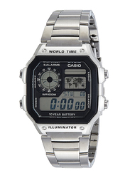 Casio Digital Watch for Men with Stainless Steel Band, Water Resistant, AE1200WHD-1AVDF, Silver-Black