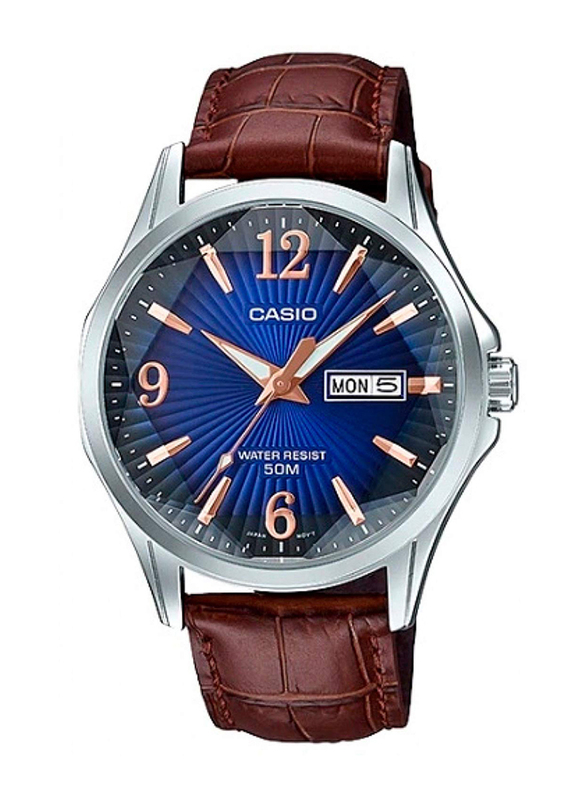 Casio Analog Watch for Men with Leather Band, Water Resistant, MTP-E120LY-2AVDF, Dark Brown-Blue