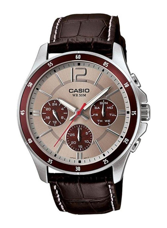 Casio Analog Quartz Watch for Men with Leather Artificial Band, Splash Resistant and Chronograph, MTP-1374L-7A1VDF, Brown-Grey