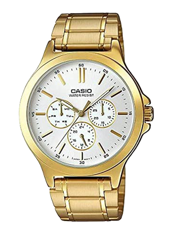 Casio Analog Watch for Men with Stainless Steel Band, Water Resistant and Chronograph, MTP-V300G-7AUDF, Gold-White