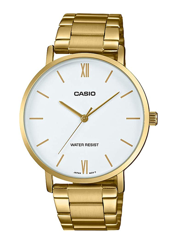 Casio Analog Quartz Watch for Men with Stainless Steel Band, Splash Resistant, MTP-VT01G-7BUDF (A1780), Gold-White