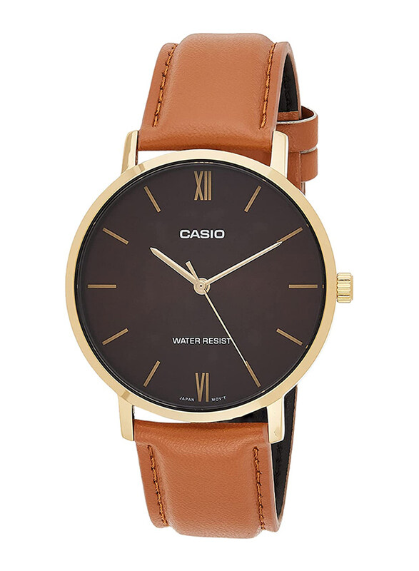 

Casio Analog Quartz Watch for Men with Leather Artificial Band, Splash Resistant, MTP-VT01GL-5BUDF (A1783), Brown