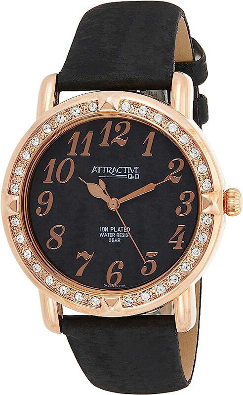 

Q&Q Analog Watch for Women with Leather Band, Water Resistant, DA93J105Y, Black