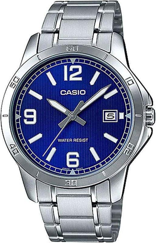 Casio Analog Watch for Men with Stainless Steel Band, Water Resistant and Chronograph, MTP-V004D-2BUDF, Blue-Silver