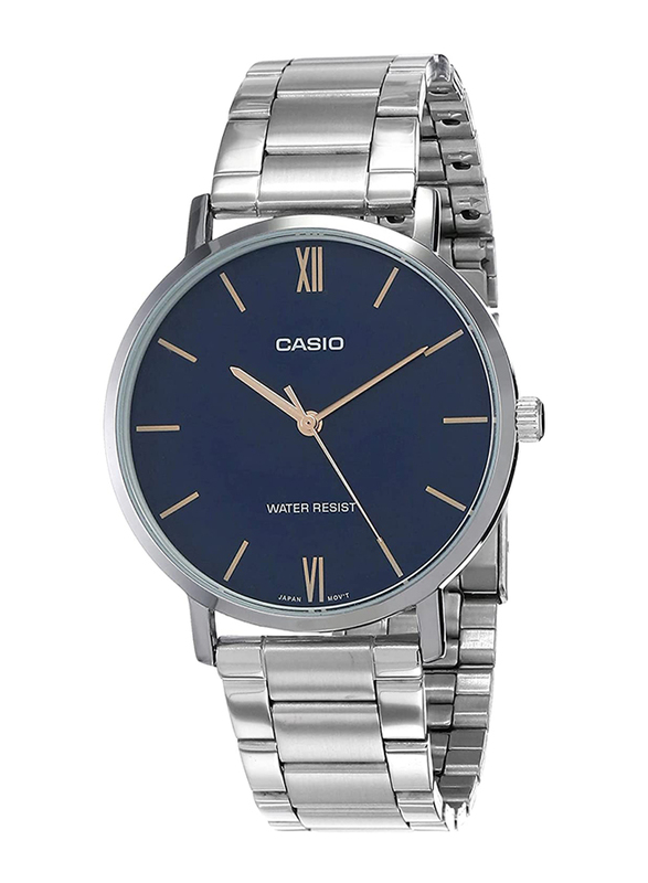 Casio Enticer Analog Watch for Men with Stainless Steel Band, Water Resistant, MTP-VT01D-2BUDF, Silver-Blue