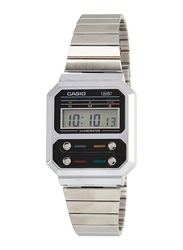 Casio Collection Digital Vintage Watch for Men with Stainless Steel Band, Water Resistant, A100We-1Adf, Silver-Black