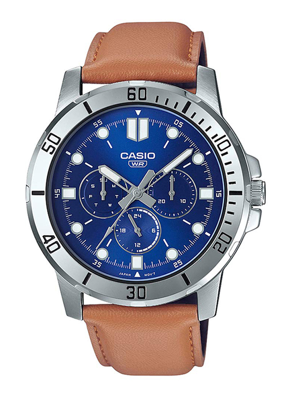 Casio Enticer Analog Watch for Men with Leather Band, Water Resistant and Chronograph, MTP-VD300L-2EUDF, Brown-Blue