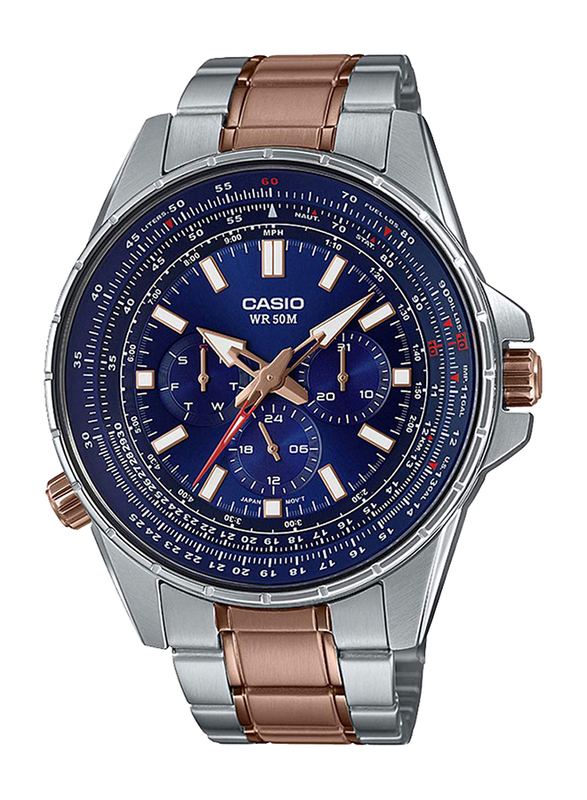 Casio Analog Watch for Men with Stainless Steel Band, Water Resistant and Chronograph, MTP-SW320RG-2AVDF (A1568), Multicolour-Navy Blue