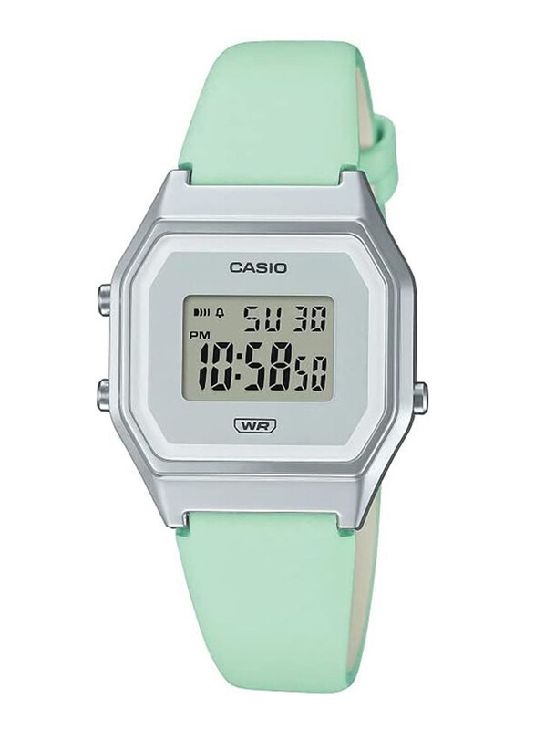 

Casio Vintage Digital Watch for Women with Leather Band, Water Submerge Resistant, LA680WEL-3DF, Silver/Green