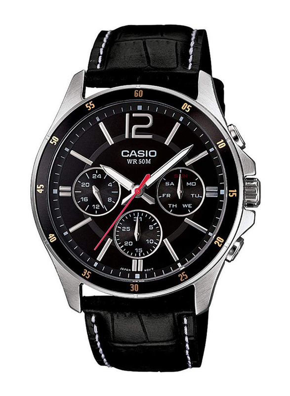 Casio Enticer Analog Watch for Men with Leather Band, Water Resistant and Chronograph, MTP-1374L-1AVDF, Black