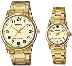 Casio 2-Piece Analog Watch Set with Stainless Steel Band, Water Resistant, MTP/LTP-V001G-9BUDF, Gold