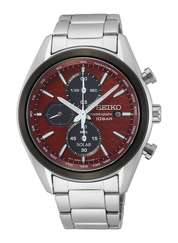 

Seiko Quartz Analog Watch for Men with Stainless Steel Band, Water Resistant and Chronograph, SSC771P1, Silver-Maroon