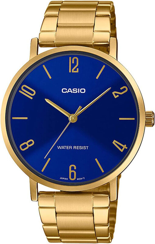 

Casio Enticer Analog Watch for Women with Stainless Steel Band, Water Resistant and Chronograph, MTP-VT01G-2B2UDF, Blue-Gold