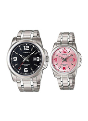 Casio His and Her Couple Analog Watch Set for Men with Stainless Steel Band, Splash Resistant, MTP-1314D-1AV/LTP-1314D-5AV, Silver-Black/Pink