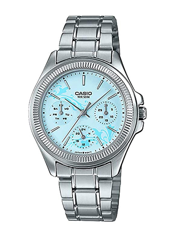 Casio Analog Watch for Women with Stainless Steel Band, Water Resistant and Chronograph, LTP-2088D-2A2VDF, Silver-Light Blue