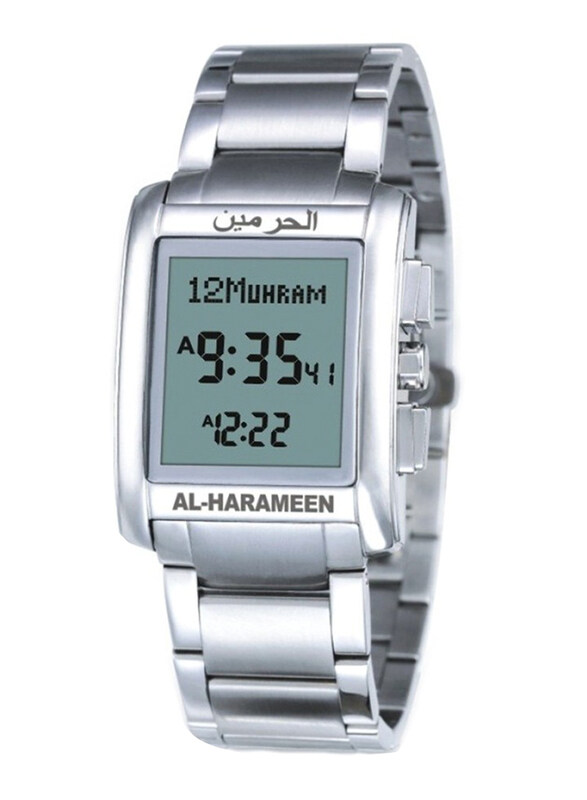 

Al-Harameen Azan Digital Watch for Men with Stainless Steel Band, Water Resistant, HA6208, Silver-Grey