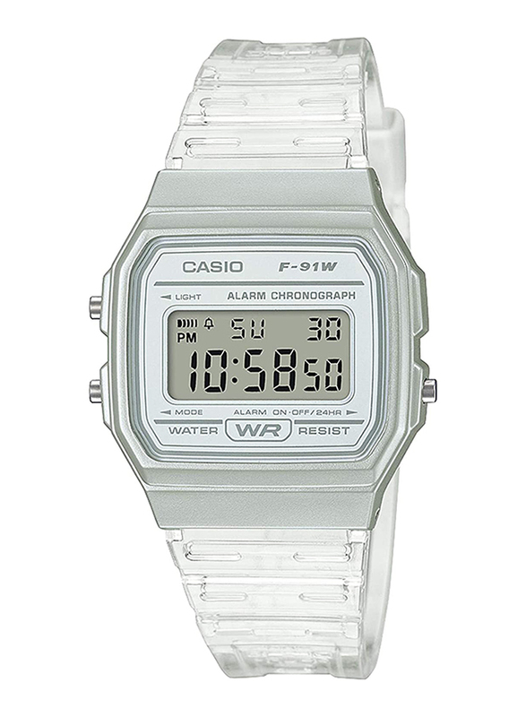 Casio Youth Digital Quartz Unisex Watch with Resin Band, Water Resistant, F-91WS-7DF, Transparent-Grey