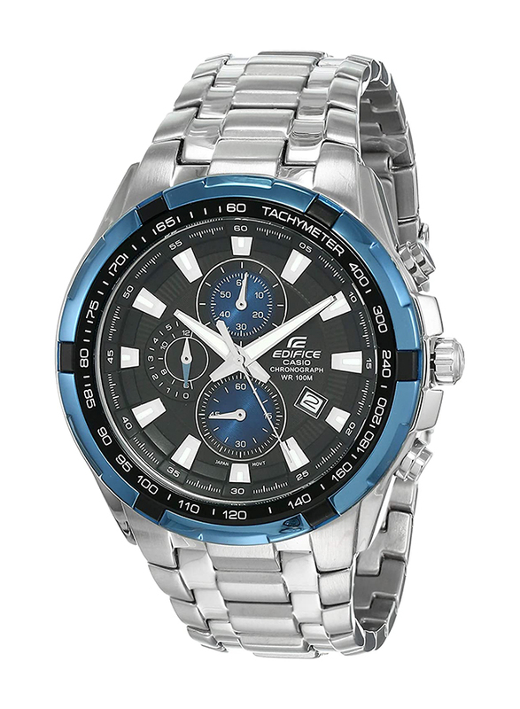 Casio Edifice Analog Watch for Men with Stainless Steel Band, Water Resistant and Chronograph, EF-539D-1A2V, Silver-Black/Blue