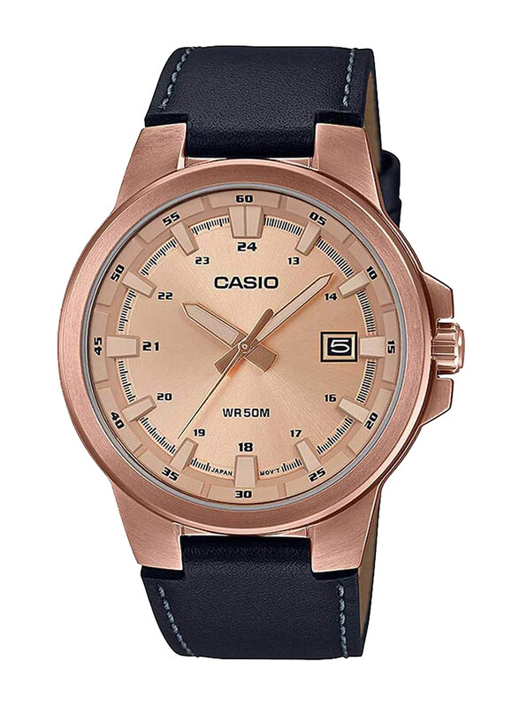 

Casio Analog Watch for Men with Leather Band, Water Resistant, MTP-E173RL-5AVDF, Black-Rose Gold