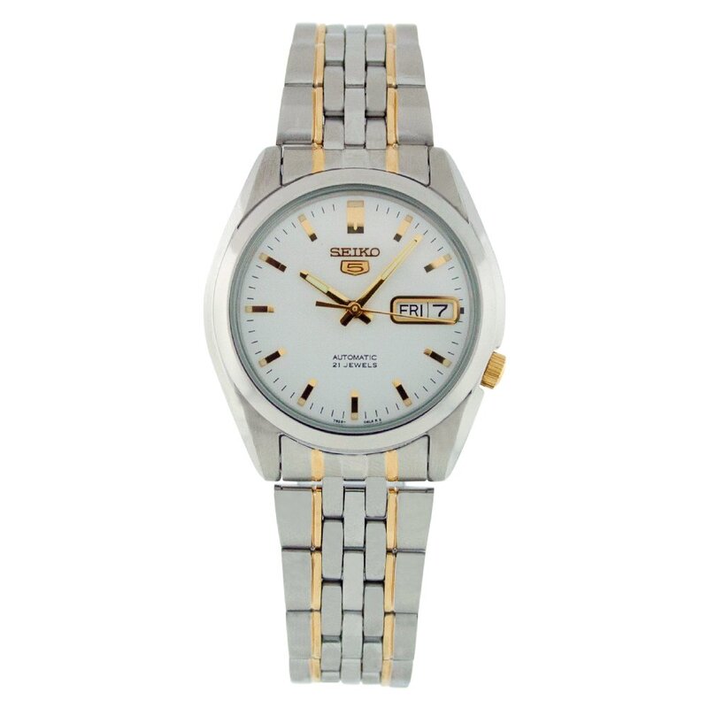 Seiko Analog Watch for Men with Stainless Steel Band, Water Resistant, SNK363K1, White-Silver/Gold