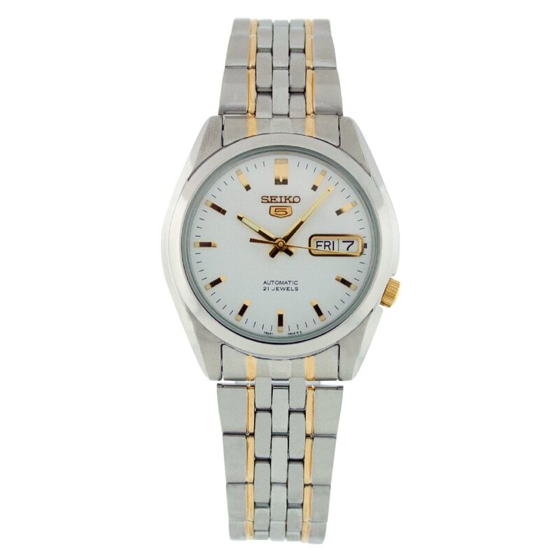 

Seiko Analog Watch for Men with Stainless Steel Band, Water Resistant, SNK363K1, White-Silver/Gold