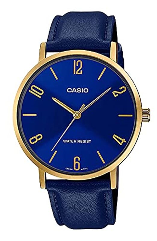 Casio Analog Watch for Men with Leather Genuine Band, MTP-VT01GL-2B2, Blue-Blue