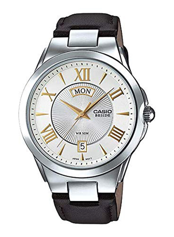 

Casio Beside Analog Watch for Men with Leather Band and Water Resistant, BEM-130L-7AVDF, Brown-White