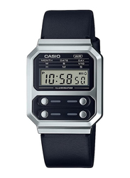 Casio Digital Unisex Watch with Leather Band, Water Resistant, A100WEL-1ADF, Black-Silver