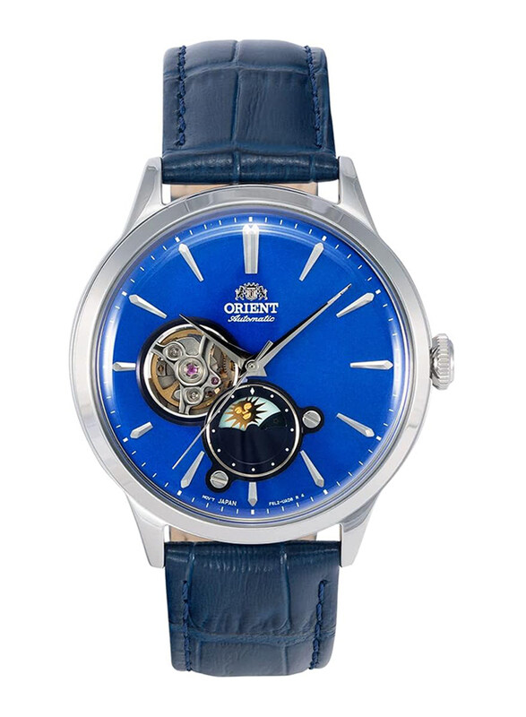 

Orient Sun & Moon Open Heart Japanese Analog Watch for Men with Leather Band, Water Resistant, RA-AS0103A10B, Blue