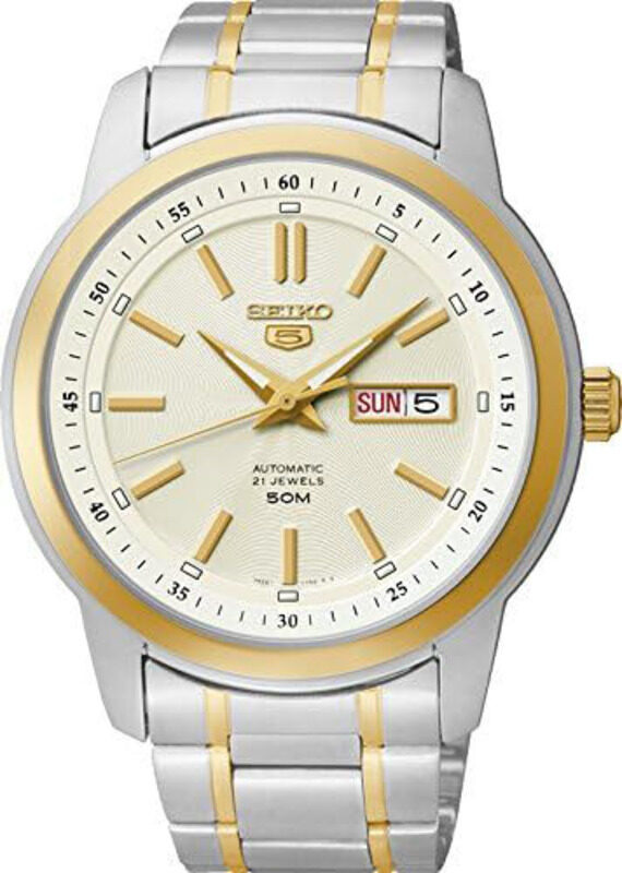 

Seiko Analog Watch for Men with Stainless Steel Band, Water Resistant, SNKM92J1, Silver-gold/White