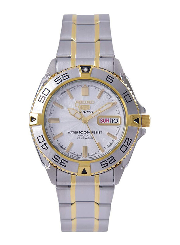 

Seiko 5 Sport Analog Watch for Men with Stainless Steel Band, SNZB24J1, Silver/Gold-White