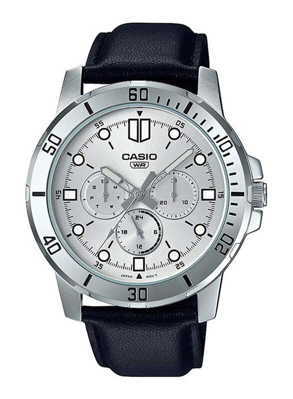 

Casio Enticer Analog Watch for Men with Leather Band, Water Resistant and Chronograph, MTP-VD300L-7EUDF, Black-Silver