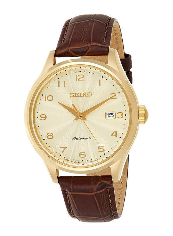 Seiko Automatic Analog Watch for Men with Leather Band, Water Resistant, SRPC22J1, Dark Brown-White