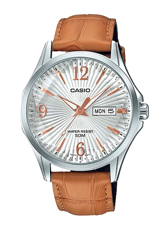 Casio Analog Watch for Men with Leather Band, Water Resistant, MTP-E120LY-7AVdf, Brown-White