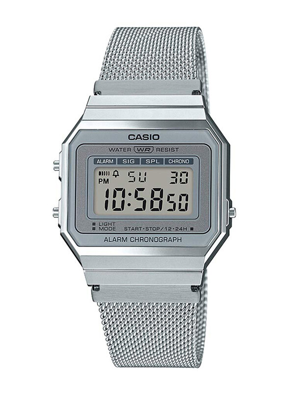 

Casio Digital Quartz Unisex Watch with Stainless Steel Band, Water Resistant, A700WM-7ADF, Silver-Grey