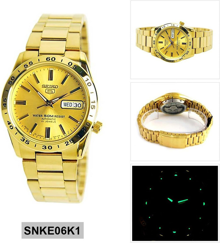 Seiko 5 Analog Watch for Men with Stainless Steel Band, Water Resistant, SNKE06, Gold/Gold